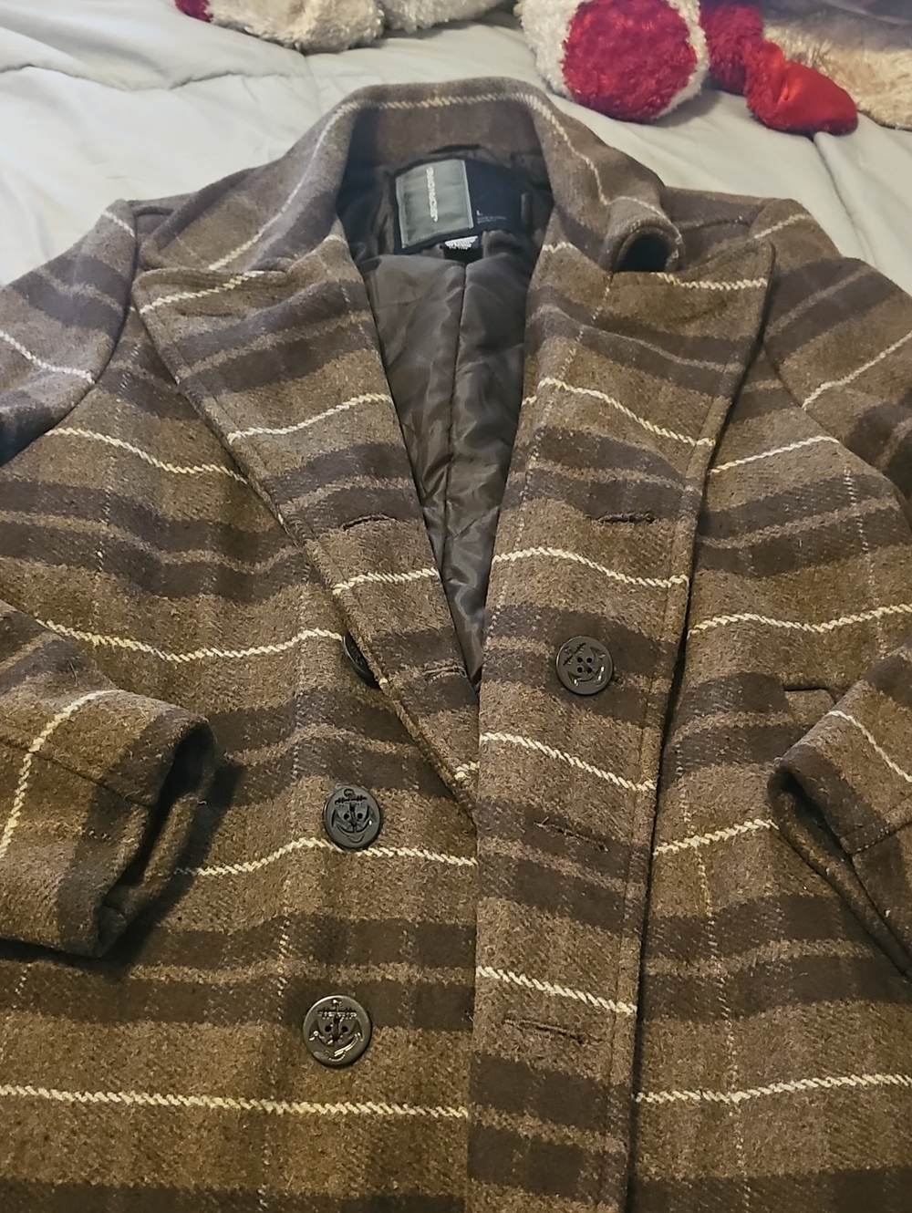 Jordan Craig Brown Striped Wool Pea Coat